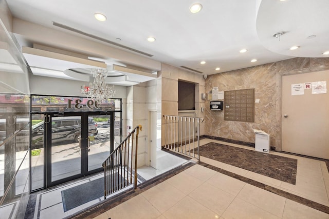 99-31 66th Ave Unit 5A, Rego Park, NY 11374 - hallway with recessed lighting, an upstairs landing, a chandelier, inlaid floor details, and tile patterned floors