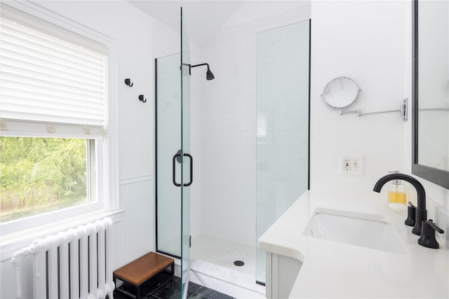 43 W 4th St, Locust Valley, NY 11560 - full bath with radiator heating unit, a stall shower, and vanity