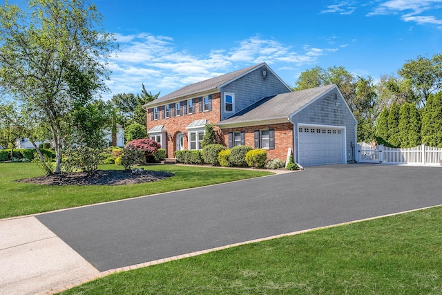 20 Vineyard Way, Mount Sinai, NY 11766 - view of front facade featuring a garage, asphalt driveway, a gate, and brick siding