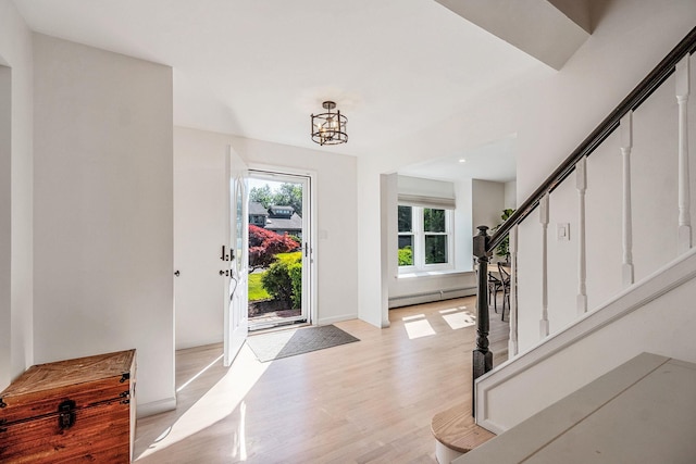 20 Vineyard Way, Mount Sinai, NY 11766 - entryway with a baseboard radiator, stairs, and light wood finished floors