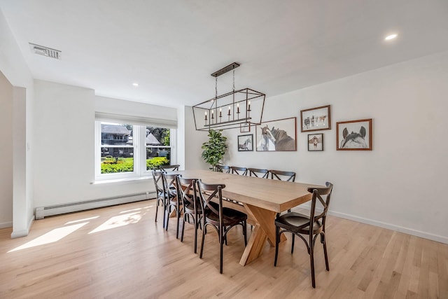 20 Vineyard Way, Mount Sinai, NY 11766 - dining room with a baseboard heating unit, light wood-style flooring, a chandelier, baseboards, and recessed lighting