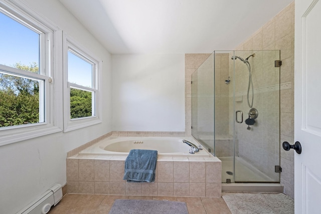 20 Vineyard Way, Mount Sinai, NY 11766 - full bathroom featuring baseboard heating, tile patterned flooring, a bath, and a stall shower