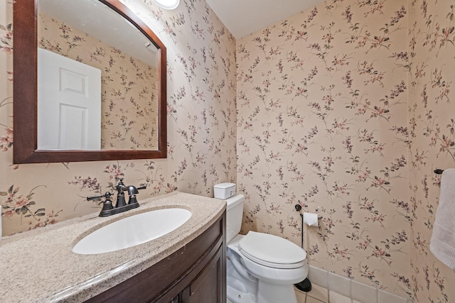 20 Vineyard Way, Mount Sinai, NY 11766 - bathroom with toilet, vanity, wallpapered walls, and tile patterned floors