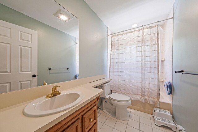 20 Vineyard Way, Mount Sinai, NY 11766 - full bathroom with tile patterned floors, vanity, toilet, and shower / bathtub combination with curtain