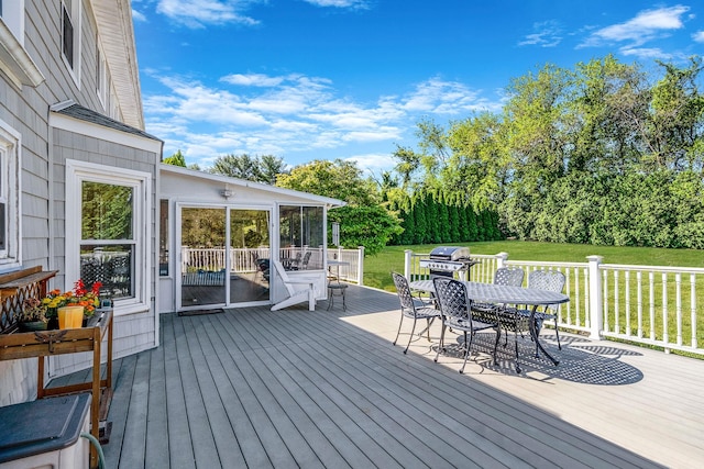 20 Vineyard Way, Mount Sinai, NY 11766 - deck featuring outdoor dining space and a lawn