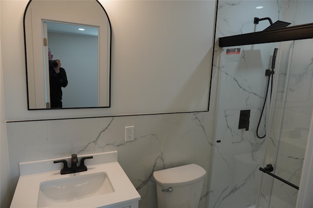 352 Bay Ave, Patchogue, NY 11772 - full bath with a marble finish shower, vanity, toilet, and tile walls