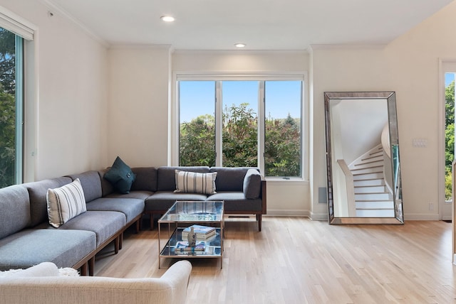 43 Random Farms Cir, Chappaqua, NY 10514 - living area with plenty of natural light, light wood-style floors, ornamental molding, stairs, and recessed lighting