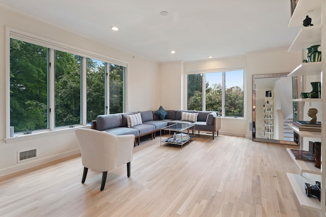 43 Random Farms Cir, Chappaqua, NY 10514 - living room with crown molding, light wood-style flooring, and recessed lighting
