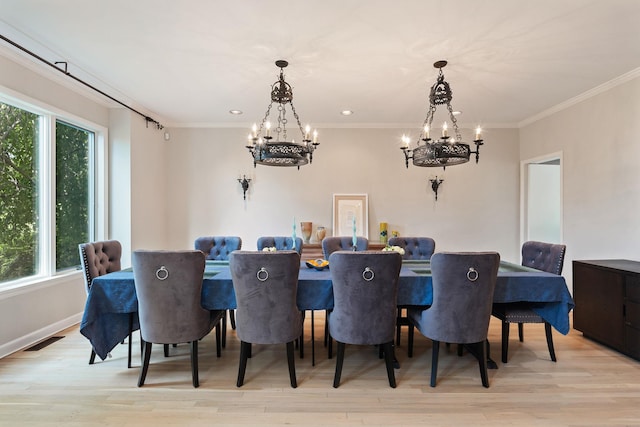43 Random Farms Cir, Chappaqua, NY 10514 - dining area with a chandelier, healthy amount of natural light, light wood-style flooring, ornamental molding, and recessed lighting