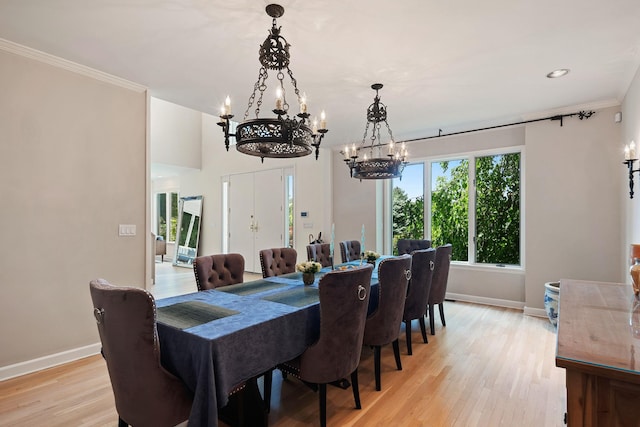43 Random Farms Cir, Chappaqua, NY 10514 - dining space with a chandelier, ornamental molding, light wood finished floors, and recessed lighting