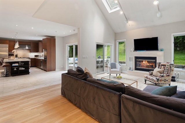 43 Random Farms Cir, Chappaqua, NY 10514 - living room featuring track lighting, a glass covered fireplace, plenty of natural light, a skylight, and recessed lighting