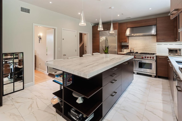 43 Random Farms Cir, Chappaqua, NY 10514 - kitchen featuring high quality appliances, wall chimney range hood, light marble finish flooring, open shelves, and light countertops