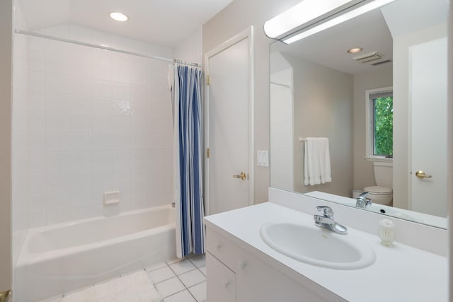43 Random Farms Cir, Chappaqua, NY 10514 - bathroom with tile patterned floors, shower / bath combination with curtain, vanity, and recessed lighting