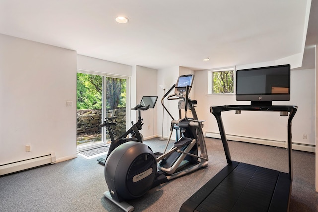 43 Random Farms Cir, Chappaqua, NY 10514 - exercise room featuring a baseboard radiator, recessed lighting, and dark carpet
