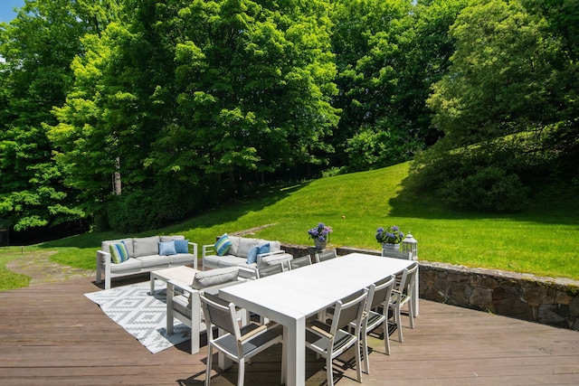 43 Random Farms Cir, Chappaqua, NY 10514 - wooden terrace featuring an outdoor hangout area, a yard, and outdoor dining space