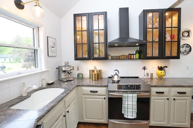 605 Dutch Hill Rd, Call Listing Agent, NY 12776 - kitchen featuring stainless steel electric stove, wall chimney range hood, a sink, tasteful backsplash, and glass insert cabinets
