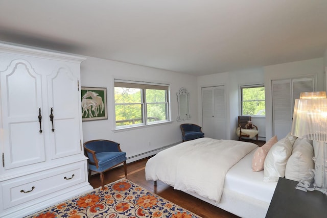 605 Dutch Hill Rd, Call Listing Agent, NY 12776 - bedroom with baseboard heating, two closets, and dark wood-type flooring