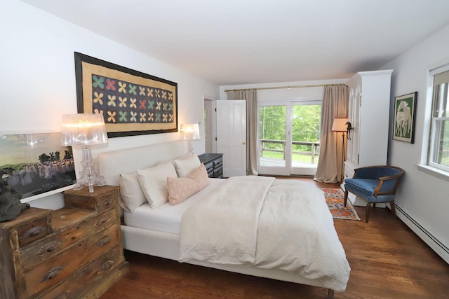 605 Dutch Hill Rd, Call Listing Agent, NY 12776 - bedroom featuring a baseboard radiator, access to exterior, and dark wood finished floors