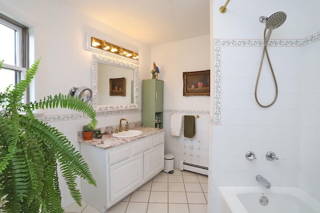 605 Dutch Hill Rd, Call Listing Agent, NY 12776 - bathroom with tile walls, vanity, shower / washtub combination, a baseboard heating unit, and tile patterned flooring