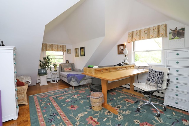 605 Dutch Hill Rd, Call Listing Agent, NY 12776 - office area featuring lofted ceiling, a baseboard radiator, and wood finished floors