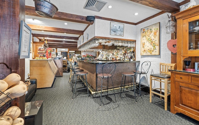 42-30 Douglaston Pkwy Unit 7H, Douglaston, NY 11363 - indoor dry bar with carpet floors, beamed ceiling, recessed lighting, and a textured wall