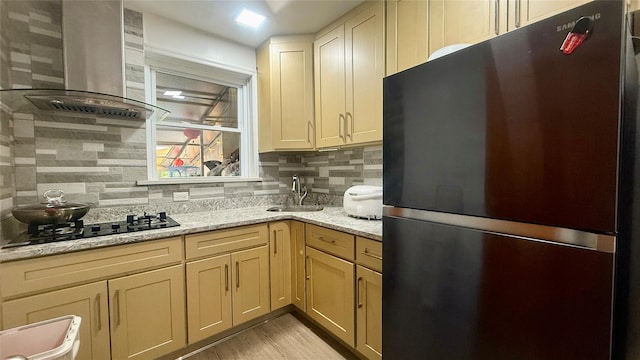 154-6 64th Ave, Flushing, NY 11367 - kitchen featuring freestanding refrigerator, extractor fan, decorative backsplash, and a sink
