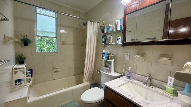 154-6 64th Ave, Flushing, NY 11367 - bathroom featuring shower / bath combo, tile walls, toilet, and vanity