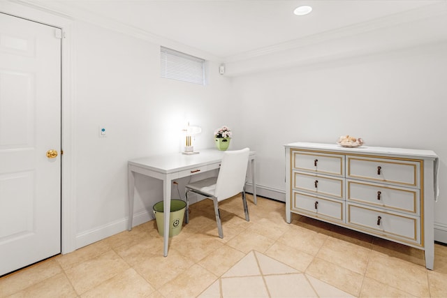 5 Ponds Rd, Water Mill, NY 11976 - office area featuring a baseboard heating unit, ornamental molding, and baseboards