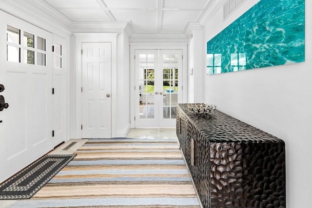 5 Ponds Rd, Water Mill, NY 11976 - foyer entrance with french doors, healthy amount of natural light, coffered ceiling, ornamental molding, and beam ceiling