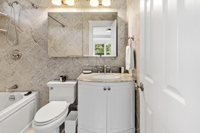 5 Ponds Rd, Water Mill, NY 11976 - bathroom featuring shower / tub combination, vanity, tile walls, and toilet
