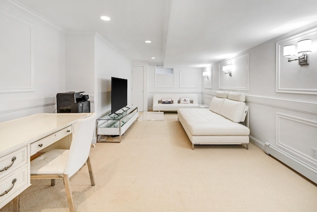 5 Ponds Rd, Water Mill, NY 11976 - living area featuring a decorative wall, a baseboard heating unit, light colored carpet, an office area, and recessed lighting