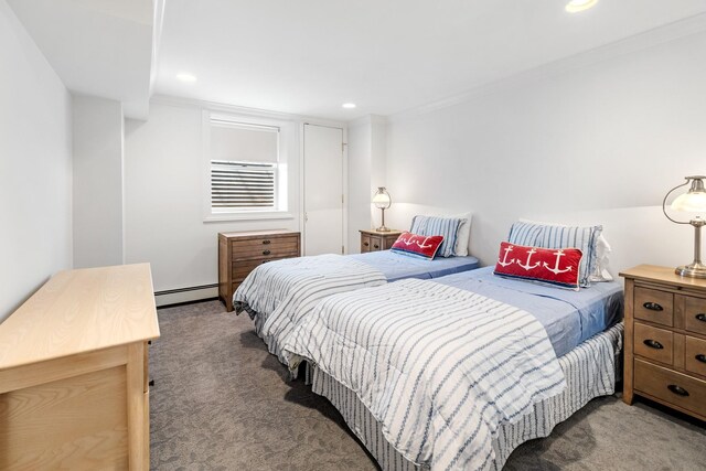 5 Ponds Rd, Water Mill, NY 11976 - carpeted bedroom featuring a baseboard heating unit, recessed lighting, and crown molding