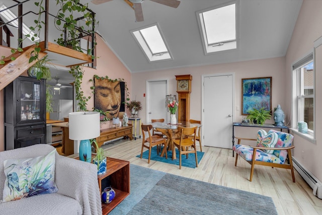3 Makamah Beach Rd, Northport, NY 11768 - living room with lofted ceiling, a skylight, ceiling fan, baseboard heating, and wood finished floors
