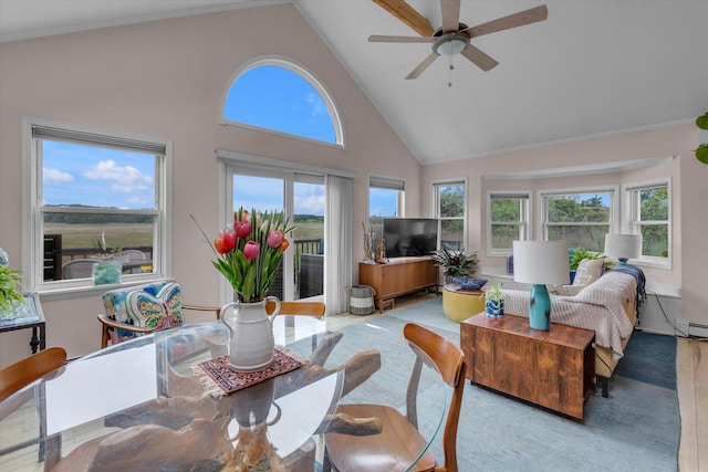 3 Makamah Beach Rd, Northport, NY 11768 - living area featuring high vaulted ceiling, a ceiling fan, and a baseboard heating unit