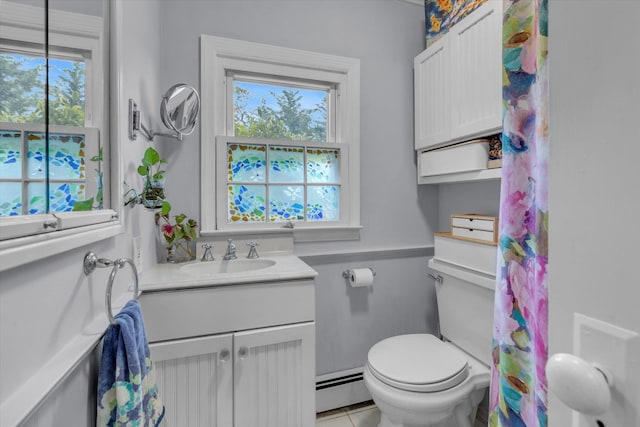 3 Makamah Beach Rd, Northport, NY 11768 - full bathroom with a baseboard heating unit, vanity, toilet, and tile patterned flooring