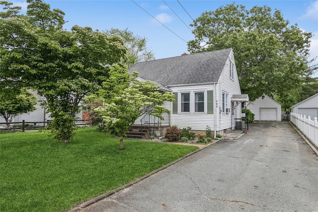 142 Woodhull Ave, Riverhead, NY 11901 - view of front facade featuring a shingled roof, an outdoor structure, a garage, central air condition unit, and a chimney