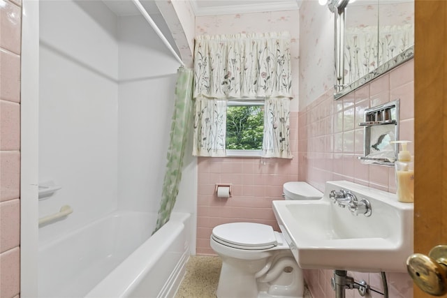 142 Woodhull Ave, Riverhead, NY 11901 - bathroom with toilet, tile walls, shower / tub combo with curtain, a sink, and ornamental molding