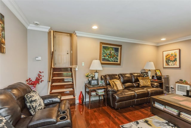 31 Manors Dr, Jericho, NY 11753 - living room featuring crown molding, dark wood-type flooring, recessed lighting, stairs, and baseboards