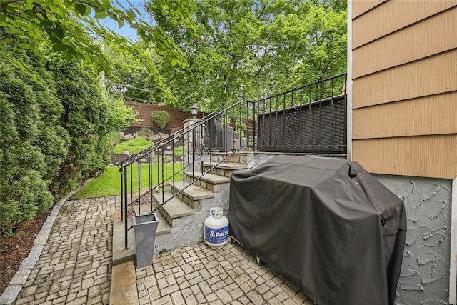 243 Albemarle Rd, White Plains, NY 10605 - view of patio featuring area for grilling and stairway