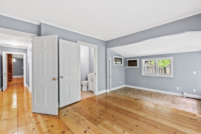 100 Schnackenberg Rd, Call Listing Agent, NY 12075 - unfurnished bedroom with crown molding, light wood-style floors, baseboards, a baseboard radiator, and connected bathroom