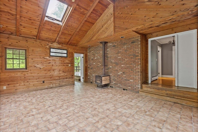 100 Schnackenberg Rd, Call Listing Agent, NY 12075 - unfurnished living room featuring a wood stove, a baseboard heating unit, high vaulted ceiling, wooden ceiling with exposed beams, and wood walls