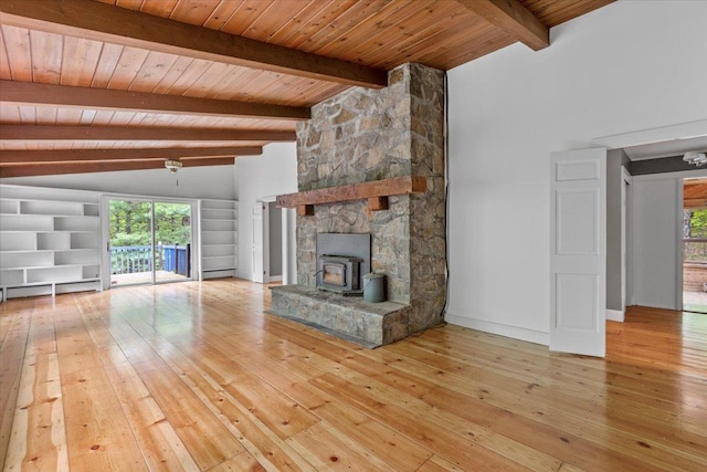 100 Schnackenberg Rd, Call Listing Agent, NY 12075 - unfurnished living room featuring wood-type flooring, wooden ceiling with exposed beams, healthy amount of natural light, a baseboard heating unit, and high vaulted ceiling
