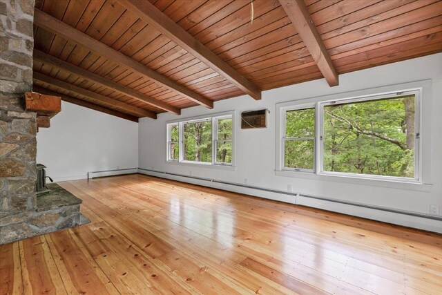 100 Schnackenberg Rd, Call Listing Agent, NY 12075 - unfurnished living room with wood-type flooring, wooden ceiling, a wood stove, a baseboard radiator, and an AC wall unit