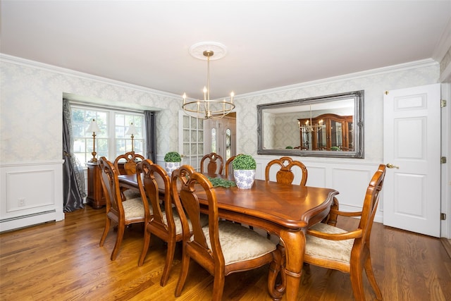 30 Knoll Ln, Glen Head, NY 11545 - dining space featuring wallpapered walls, a chandelier, a wainscoted wall, ornamental molding, and wood finished floors