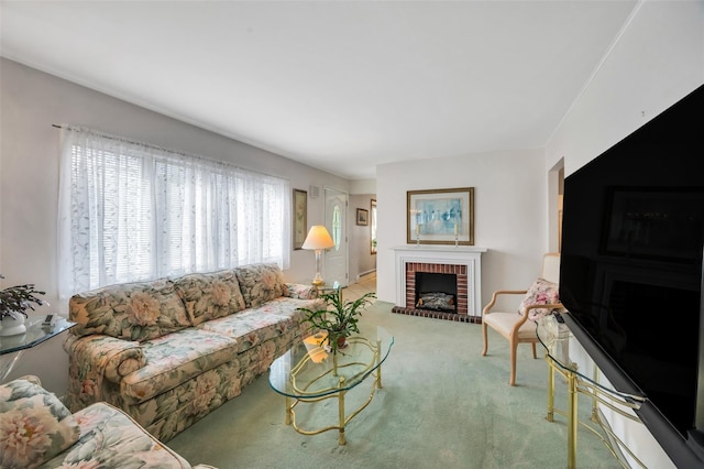 383 Old Country Rd, Deer Park, NY 11729 - carpeted living room featuring a brick fireplace