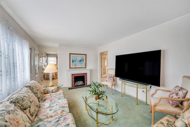383 Old Country Rd, Deer Park, NY 11729 - living room with carpet floors and a brick fireplace