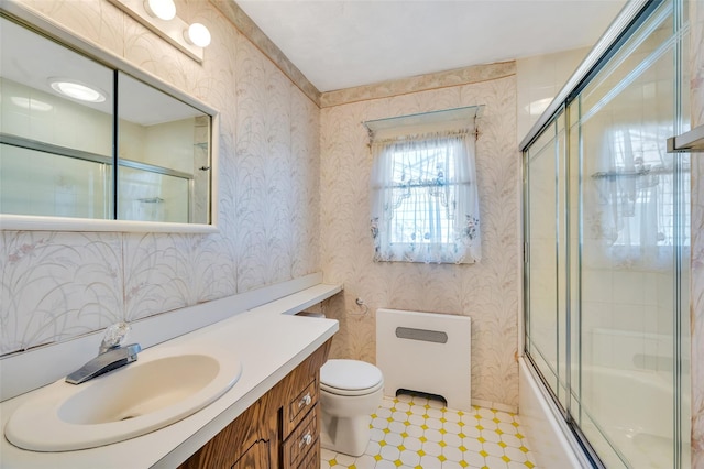 383 Old Country Rd, Deer Park, NY 11729 - full bath featuring radiator, vanity, wallpapered walls, toilet, and combined bath / shower with glass door