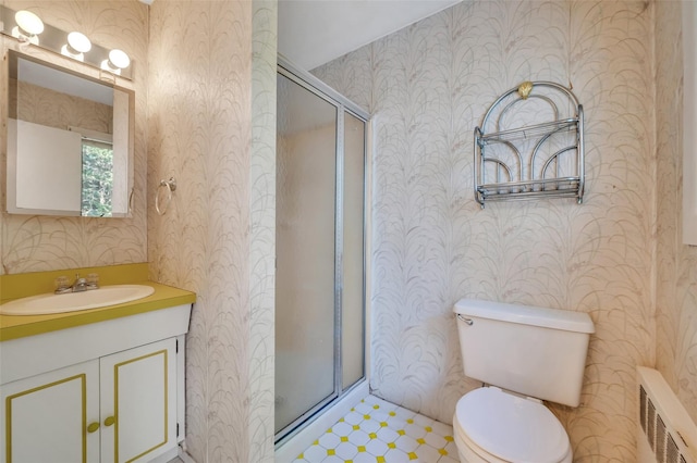 383 Old Country Rd, Deer Park, NY 11729 - bathroom featuring wallpapered walls, a stall shower, toilet, and vanity