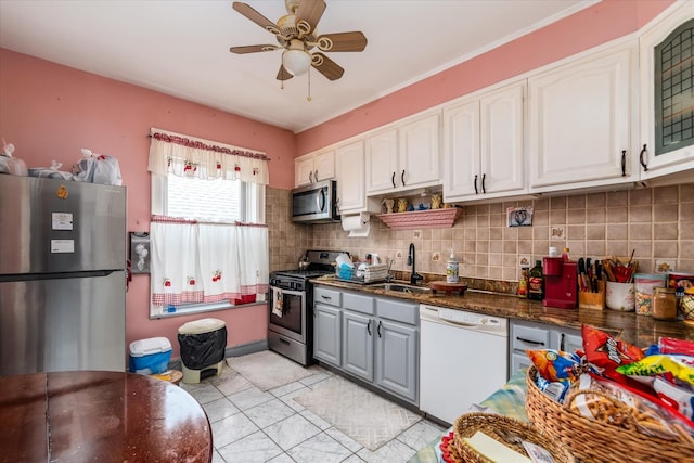 1358 E 35th St, Brooklyn, NY 11210 - kitchen featuring appliances with stainless steel finishes, white cabinetry, decorative backsplash, a ceiling fan, and a sink