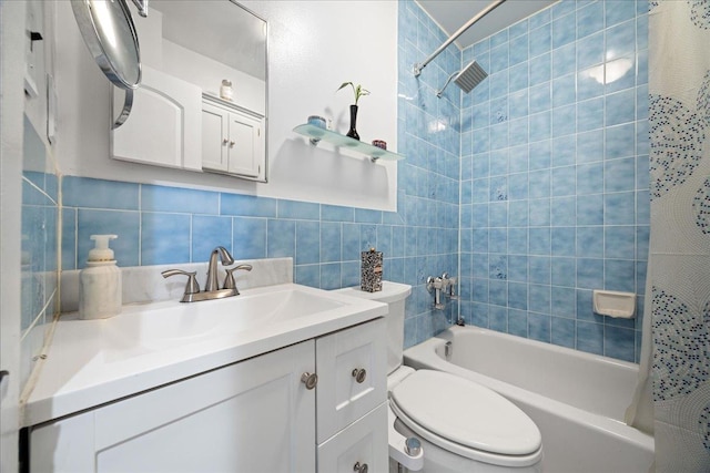 133-20 87th St Unit 3, Ozone Park, NY 11417 - bathroom featuring shower / bath combo, toilet, vanity, decorative backsplash, and tile walls